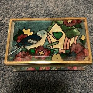 Stained Glass Look Birdhouse Scene Trinket/Jewelry Box  Beveled Glass Brass Trim